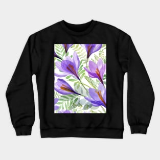 Crocus transparent flowers and green spring leaves composition. Watercolor translucent Saffron Crocus blossom Crewneck Sweatshirt